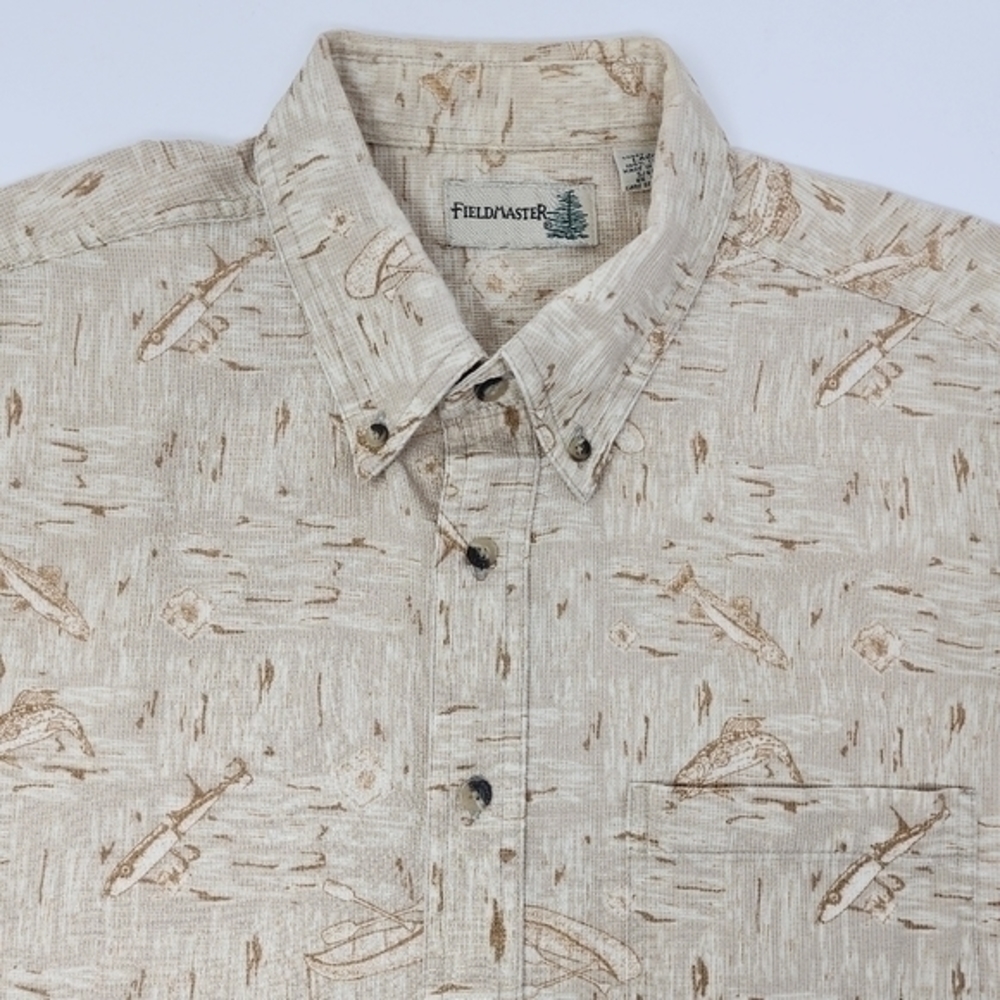 FieldMaster‎ Vintage Cotton Short Sleeve Button-Down Beige Fishing Shirt Large